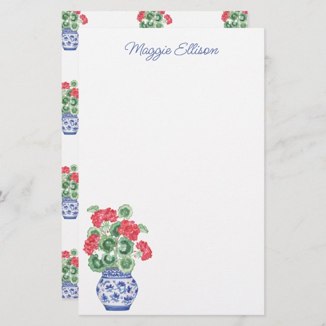 Papeterie Aquarelle Chinoiserie Vase des Geraniums rouges (Devant / Derrière)
