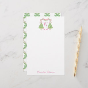 Papeterie Aquarelle rose Arbre de Noël Monogramme Crest