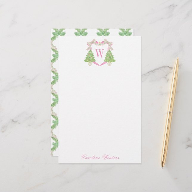 Papeterie Aquarelle rose Arbre de Noël Monogramme Crest (Devant/Arrière en situation)