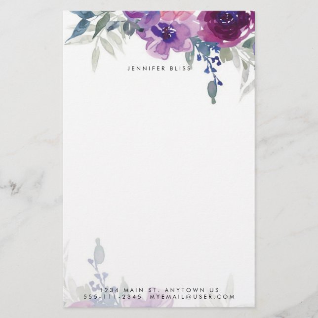 Papeterie Aquarelle violette et bleue florale personnalisée (Devant)