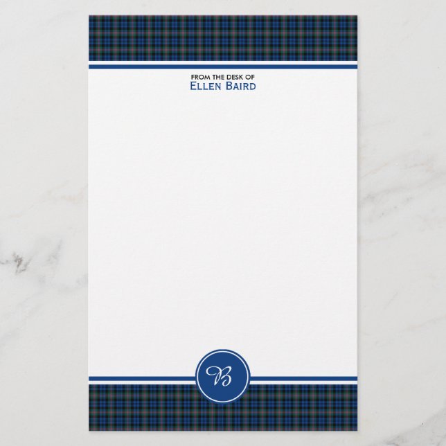 Papeterie Baird Famille Tartan bleu et vert Paid Monogramme (Devant)