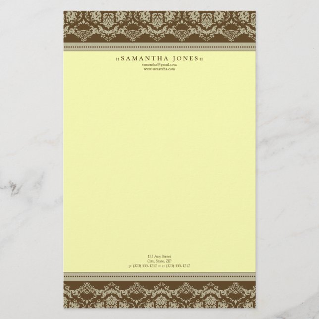 Papeterie Baroque Damask Designer Papier à lettres :: citron (Devant)