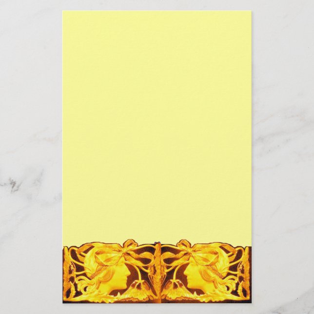 PAPETERIE BEAUTÉ ÉLÉGANTE / FEMME AVEC BOW JAUNE ET FLEURS (Devant)