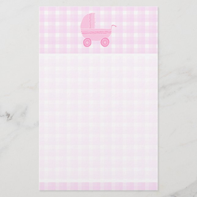 Papeterie Bébé Stroller. Pink clair sur En vichy rose. (Devant)