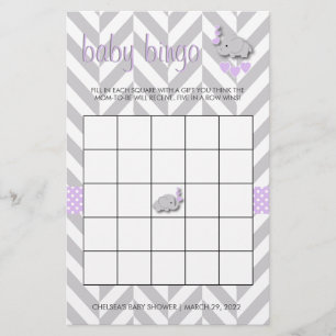 Papeterie Bingo Baby shower Eléphant violet et gris