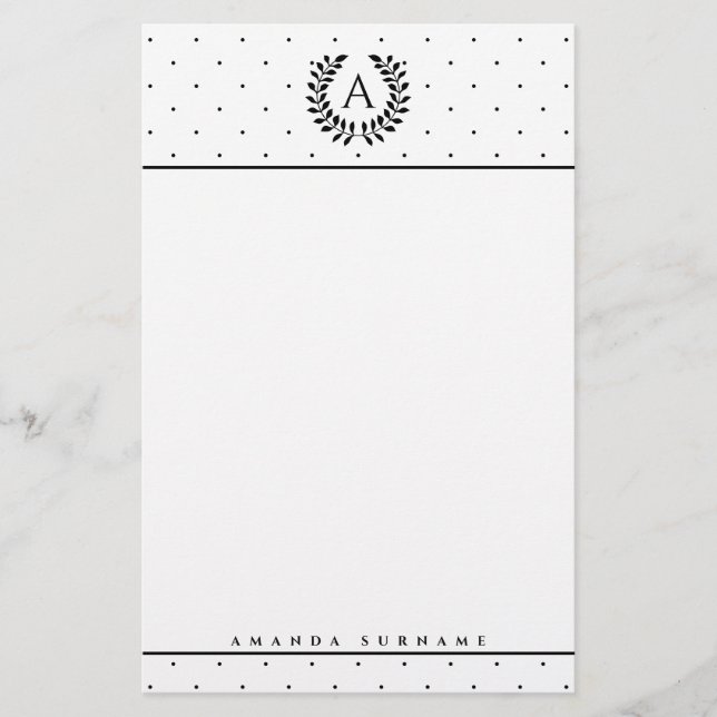 Papeterie Black And White Laurel Monogram Polka Dot Pattern (Devant)