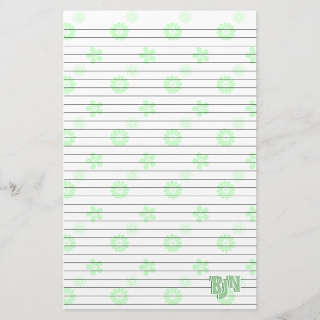 Papeterie Blanc avec papier à lettres florales vert Monogram (Devant)