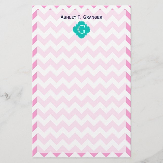 Papeterie Blanc rose Chevron Zigzag Turquoise Quatrefoil Mon (Devant)