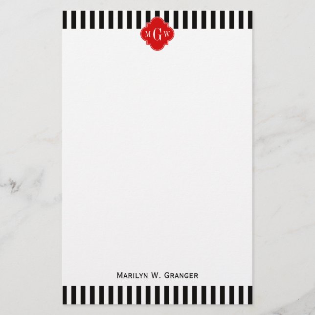 Papeterie Blancs Noir Rouge Quatrefoil 3 Monogramme (Devant)