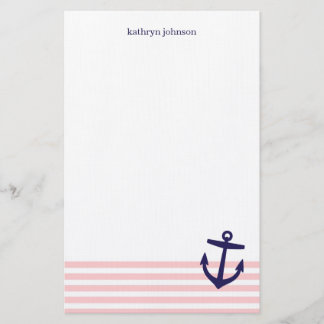 Papeterie Bleu rose et bleu marine, rayures et Ancre mignonn