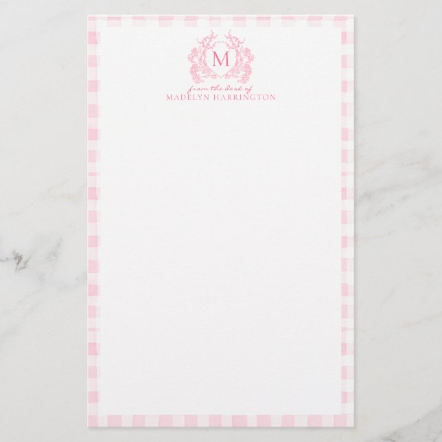 Papeterie Blush Rose Gingham Floral Couronne Monogramme (Devant)