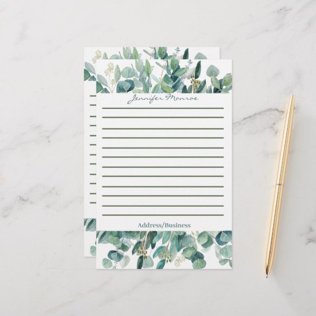 Papeterie Bordure d'eucalyptus personnalisée lignée (Devant/Arrière en situation)