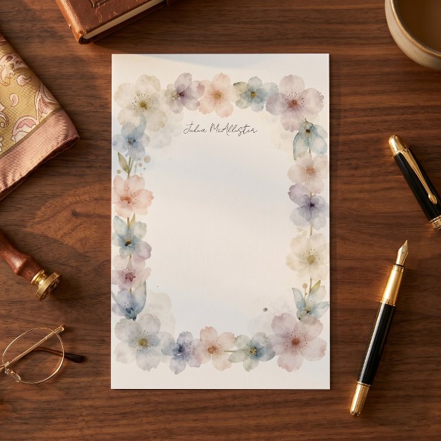 Papeterie Bordure Florale Élégante Aquarelle Pastel Nom (Créateur téléchargé)