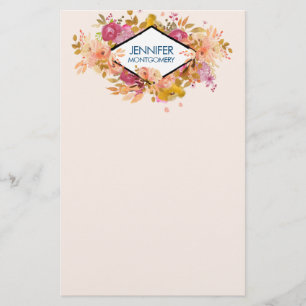 Papeterie Bouquet floral orange et rose avec cadre diamant