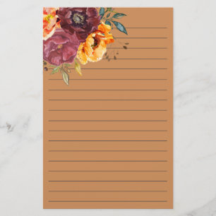 Papeterie Bourgogne Orange Brûlé Aquarelle Floral Lined Sta