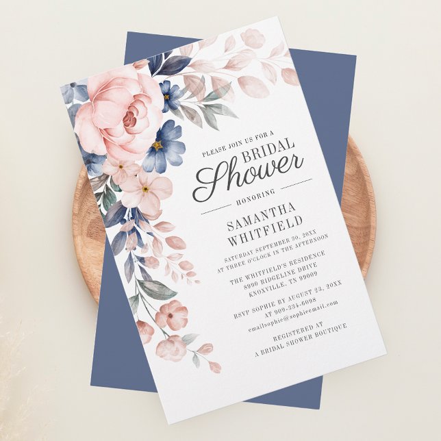 Papeterie Budget Dusty Blue Floral Bridal Shower Invitation (Blush Pink Floral Script Bridal Shower Invitation Stationery)