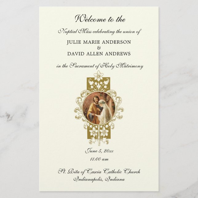 Papeterie Budget Élégant Programme de mariage catholique Pap (Devant)