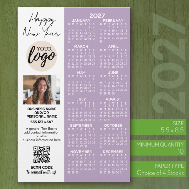 Papeterie Calendrier 2027 pour logo Office, Code QR, Photo P (2027 Calendar on 1/2 sheet paper)
