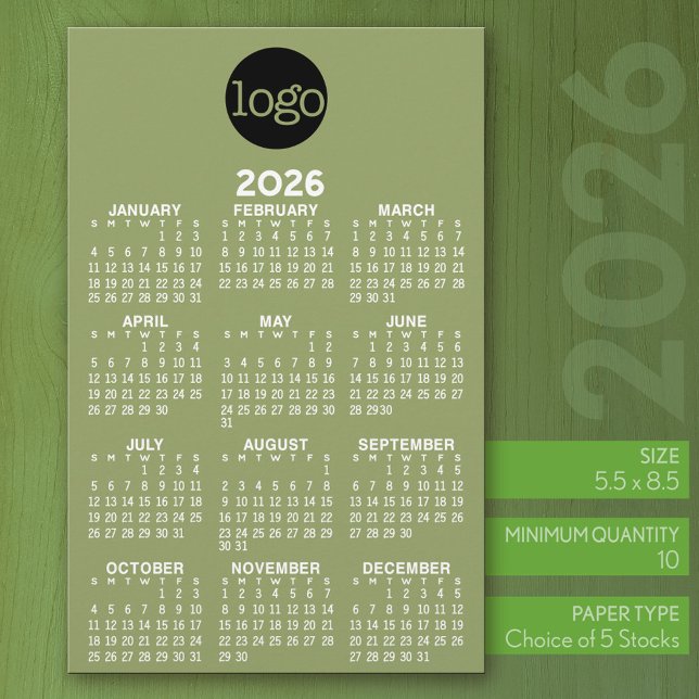 Papeterie Calendrier - minimum blanc vert de base (2026 Calendar on Stationery Sheet)