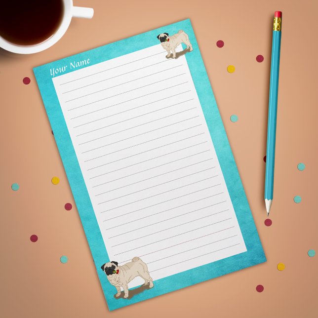 Papeterie Carlin et Roses Votre Nom Slogan Chien Mignon (Personalized Pug and Roses Stationery. Personalize with your name or slogan.)