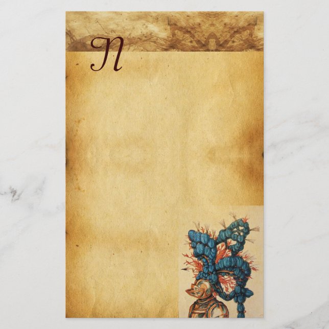 PAPETERIE CASQUE DE CHEVALIER ANTIQUE AUX FEUILLES BLEU ROUG (Devant)