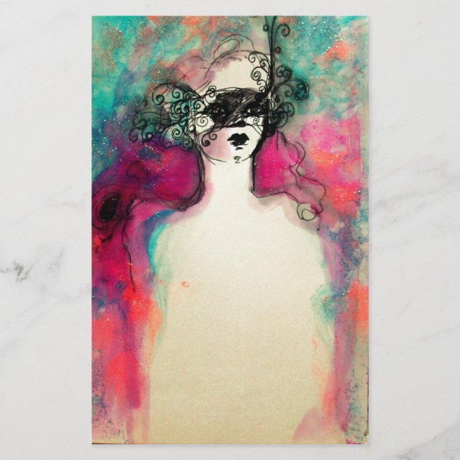 Papeterie CHARME /Dame Avec Masque, Vert Turquoise Rose (Devant)