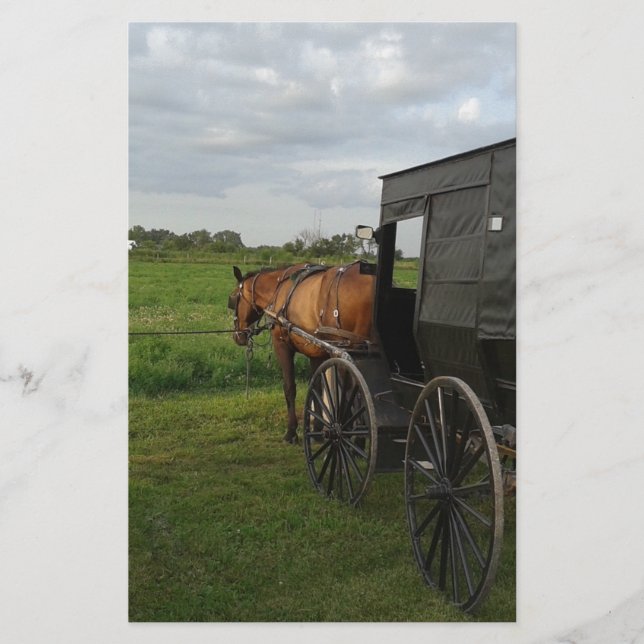 Papeterie Cheval Amish et Buggy au coucher du soleil (Devant)