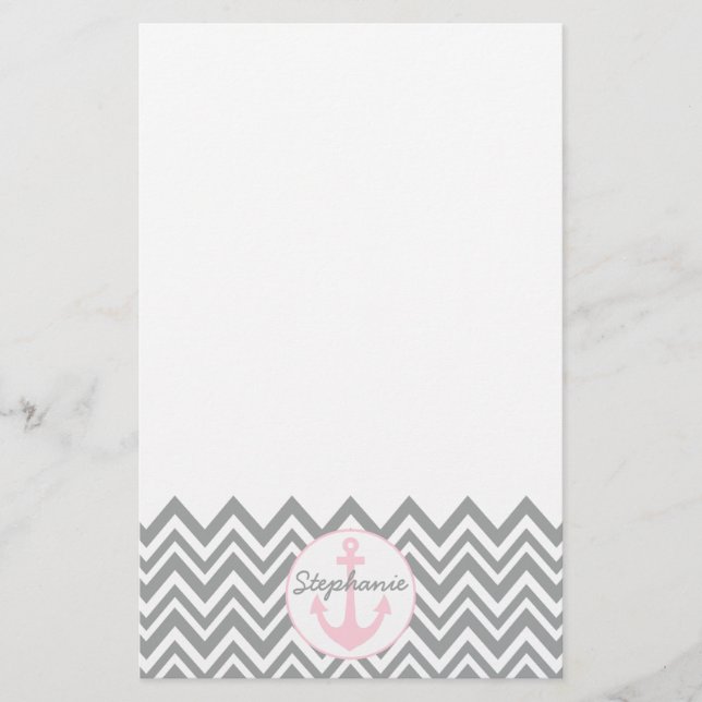 Papeterie Chevron gris et blanc avec Pastel rose nautique (Devant)