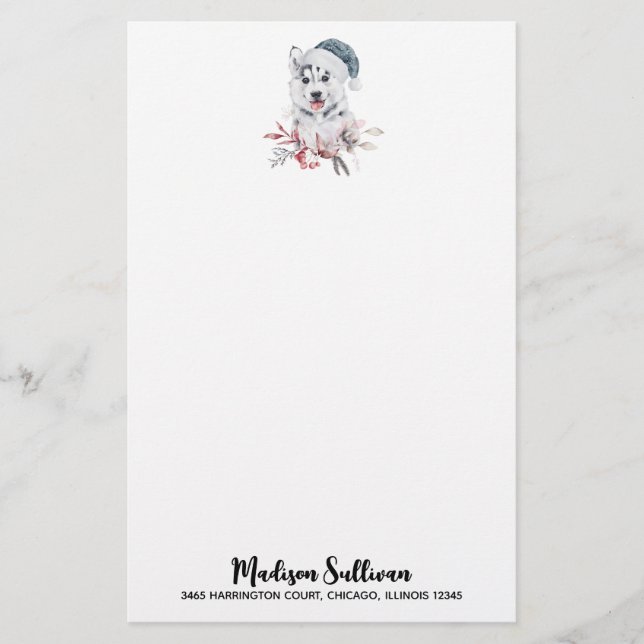 Papeterie Chien de Noël Husky dans un chapeau de Père Noël (Devant)