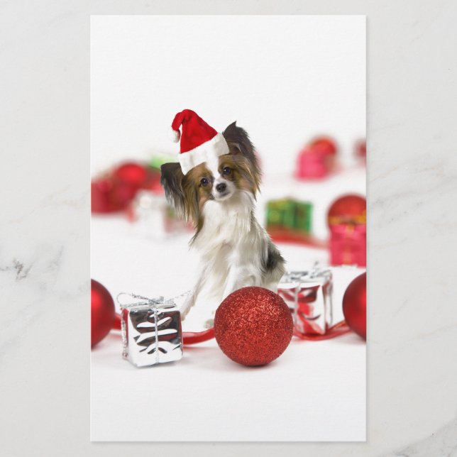 Papeterie Chien Papillon Mignon Chapeau de Noël Santa (Devant)