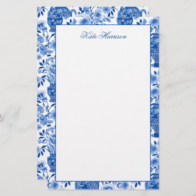 Papeterie Chinoiserie Bleu et Blanc Gingembre Jar Vases flor (Devant / Derrière)