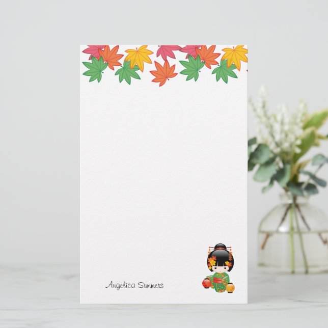 Papeterie Chute Poupée Kokeshi - Green Kimono Geisha Girl (Debout devant)