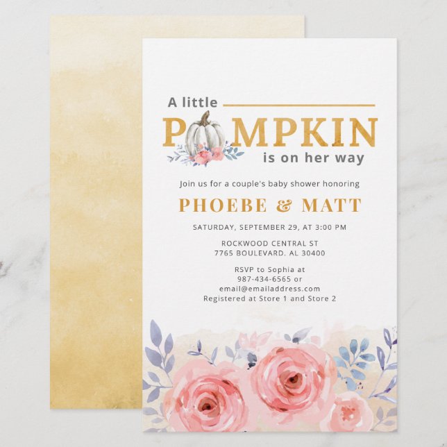 Papeterie Citrouille Baby shower d'aquarelle Floral (Devant / Derrière)