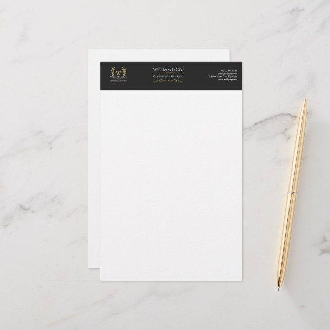 Papeterie Classic Laurel Wreath Black Gold Monogramme (Devant/Arrière en situation)