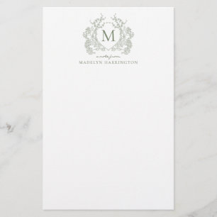Papeterie Classic Sage Vert Floral Vintage Crest Monogramme