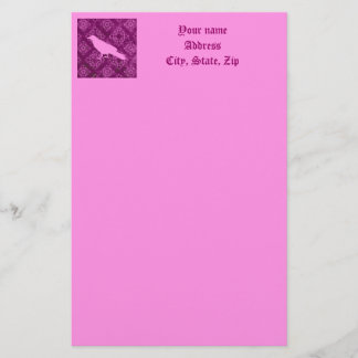 Papeterie Corbeau rose sur rose et violet damassé personnali