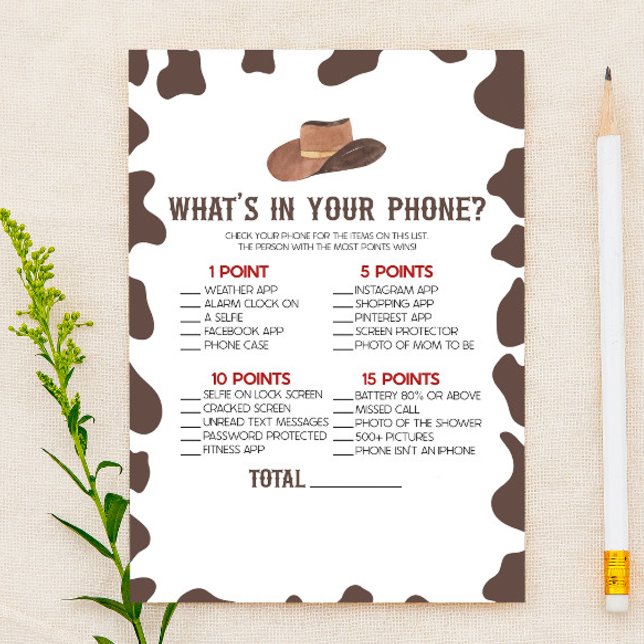 Papeterie Cowboy Rodeo What's In Your Phone Baby shower Game (Créateur téléchargé)