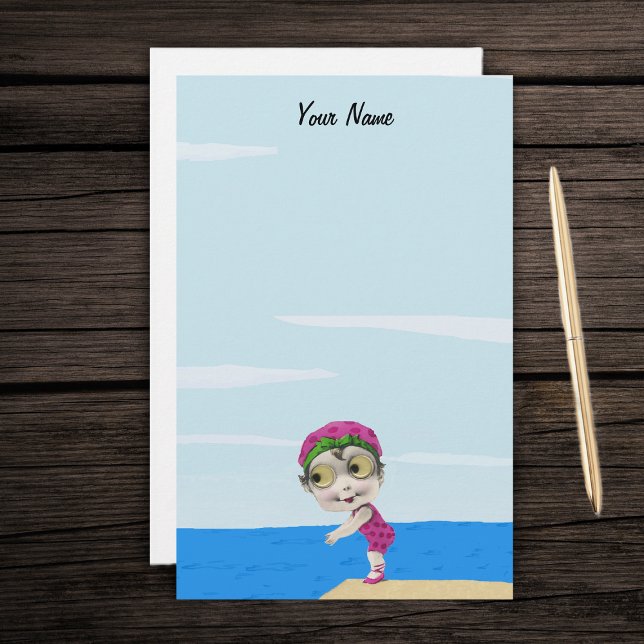 Papeterie Cute Gros Yeux Swimmer Girl Pois rose (Cute google eyes little girl swimmer in pink polka dot bathing suit at lake on stationery paper.)
