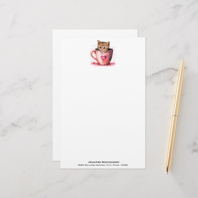 Papeterie Cute Kitten dans un Teacup avec les coeurs (Devant/Arrière en situation)