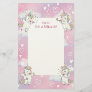 Papeterie Cute rose Unicorne Personnalisé Mitzvah Note