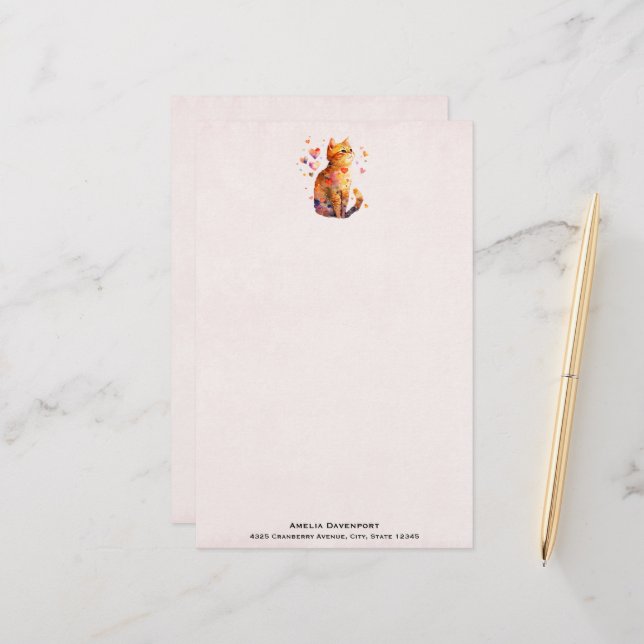 Papeterie Cute Tabby Chat avec Coeurs (Devant/Arrière en situation)