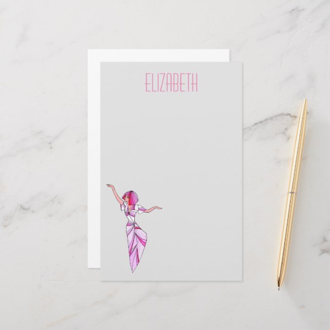 Papeterie Danseur rose funky fille avec cheveux roses (Devant/Arrière en situation)