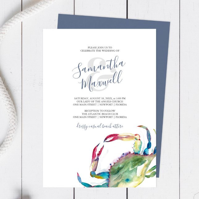 Papeterie de mariage à la plage au crabe à l'aquar (Beach wedding invitations watercolor blue crab art by Victoria Grigaliunas of Do Tell A Belle)