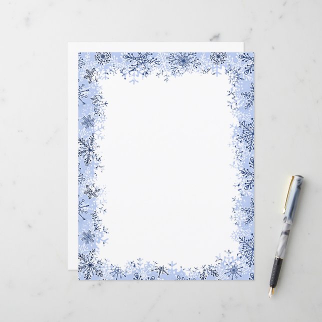 Papeterie de Noël à flocons de neige bleus (Devant/Arrière en situation)