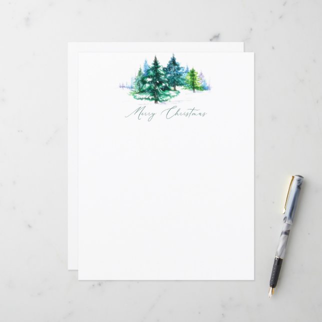 Papeterie de Noël arbres à l'aquarelle (Devant/Arrière en situation)