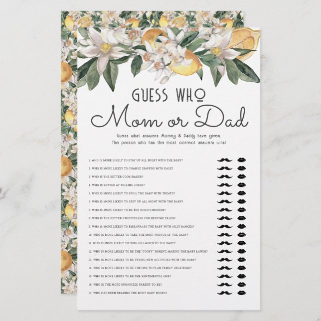 Papeterie Devinez Qui Maman Ou Papa Citron Baby shower Citru (Devant / Derrière)