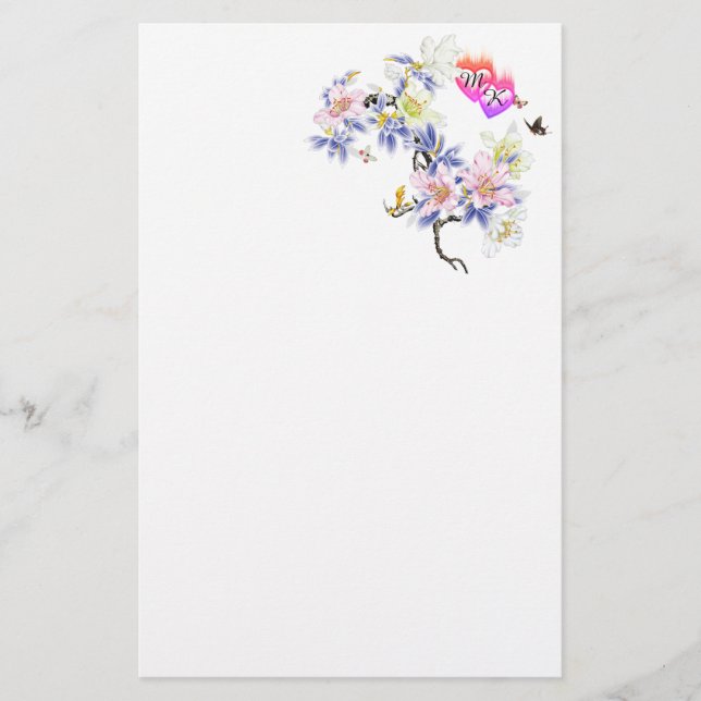 Papeterie Double Monogramme Cœurs Flamboyants avec Fleurs (Devant)