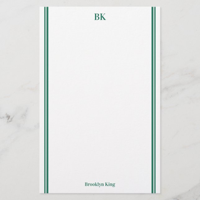 Papeterie Double trait vert foncé Monogramme et nom (Devant)