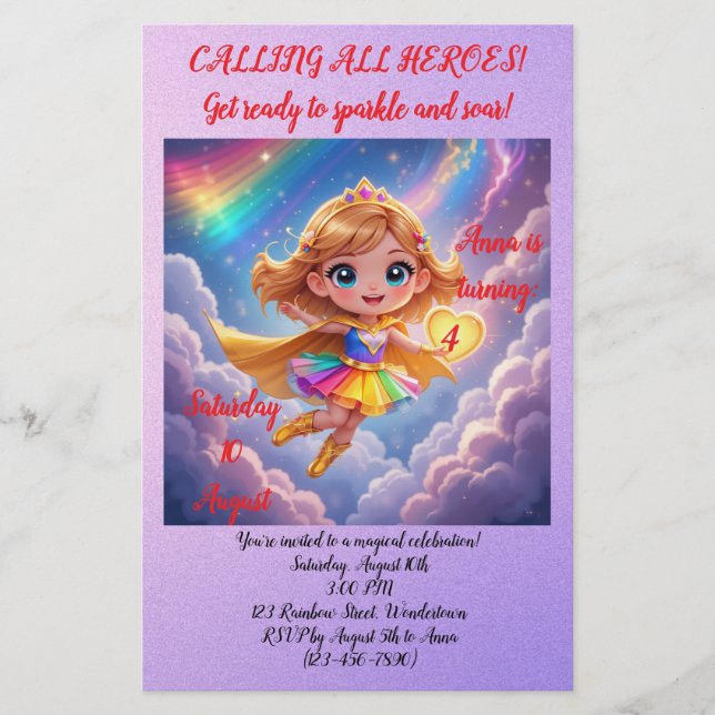 Papeterie Editable Birthday Invitation – Superheroine Theme (Devant)
