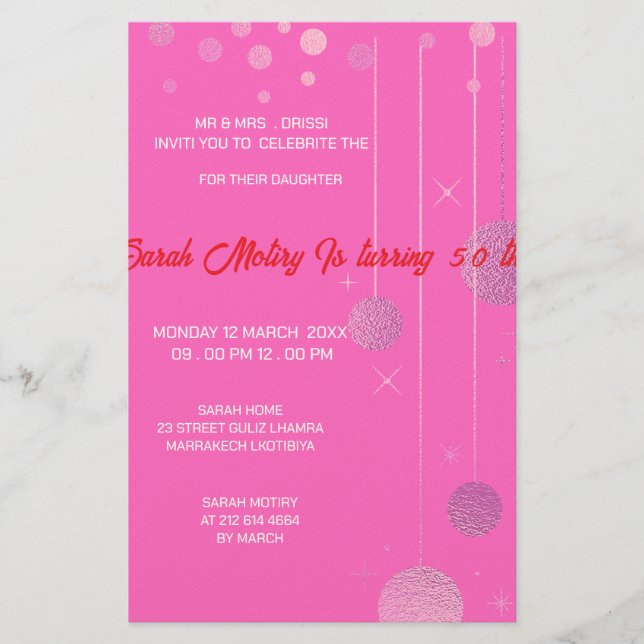 Papeterie Elégant anniversaire Editable Invitation rose Anni (Devant)